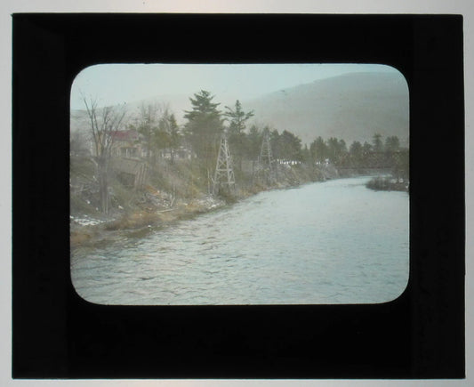 Vintage Tioga County PA Oil Wells Photo on Glass - Hand-Colored Lantern Slide, 3.25x4 in, Original