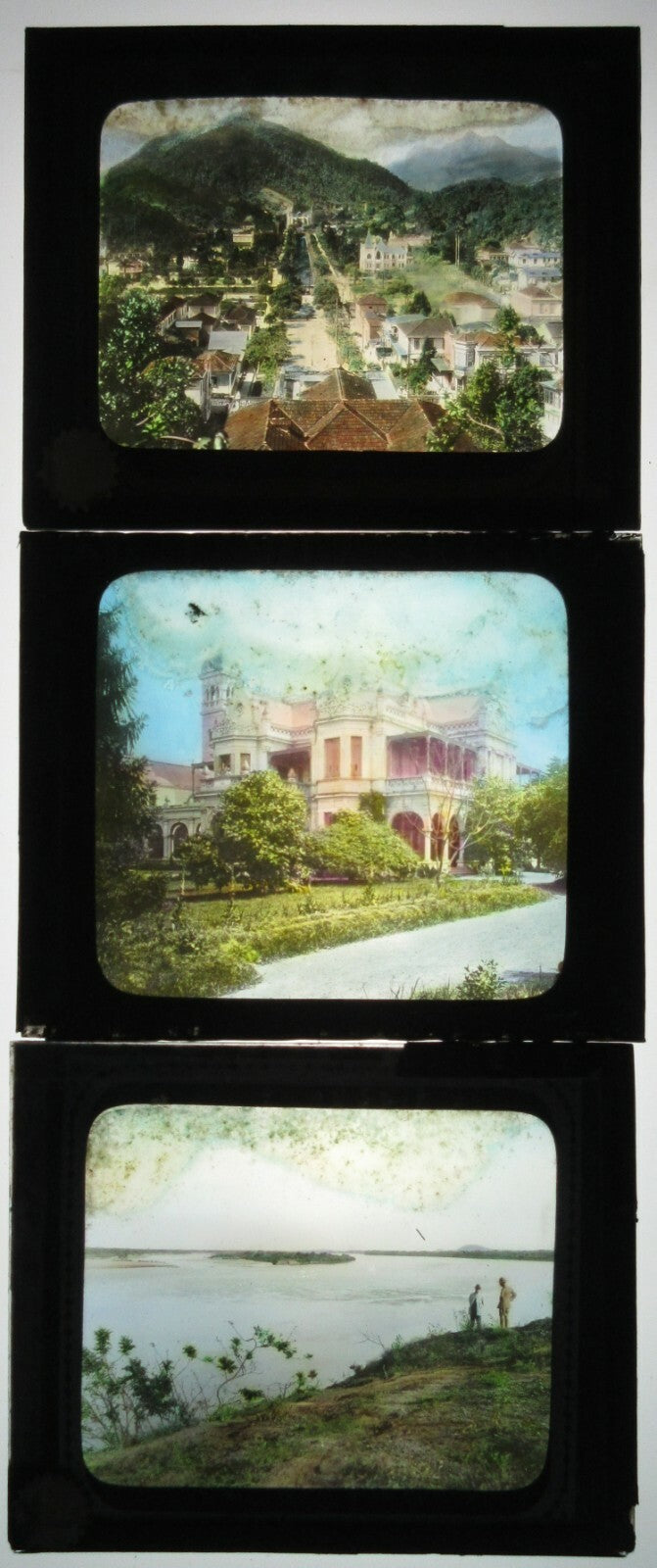 SCENIC VIEWS, BRAZIL. 3 SET. TINTED PHOTOS ON GLASS.
