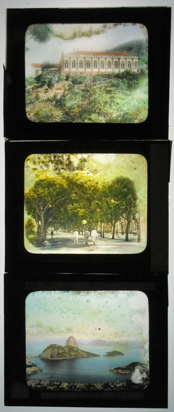 SCENIC VIEWS, BRAZIL. 3 SET. TINTED PHOTOS ON GLASS.