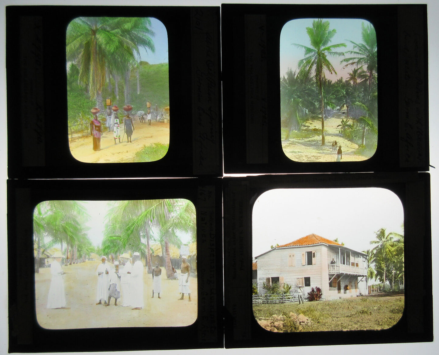 DISPENSING QUININE IN AFRICA AND OTHER SCENES. 4 SET, TINTED PHOTO ON GLASS.
