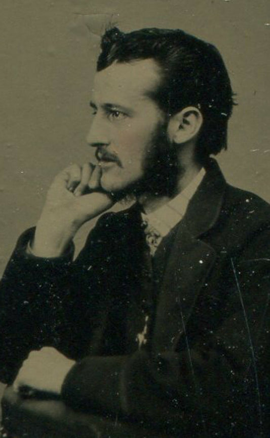 Vintage Tintype Photo Bearded Man Seated, Profile Portrait on Period Paper Mat