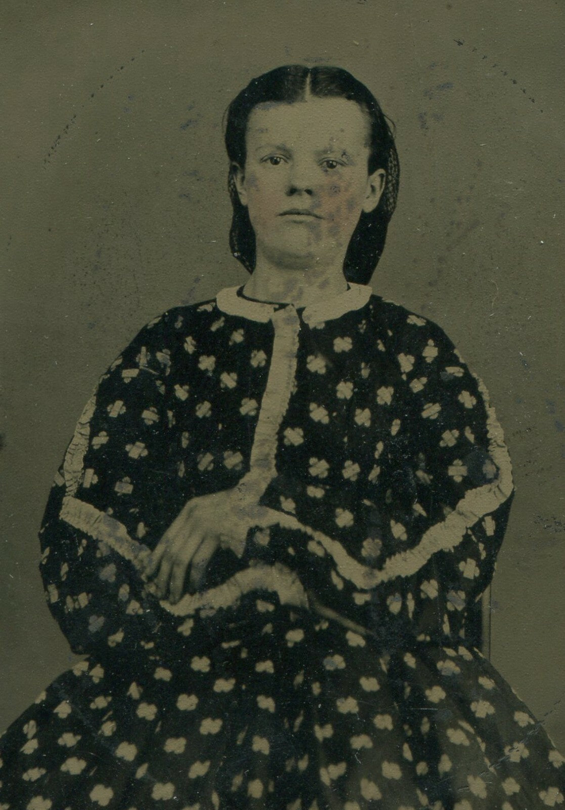 Vintage Civil War Tintype Portrait of Woman in Bold Print Dress, 3.75x2.5 in,
