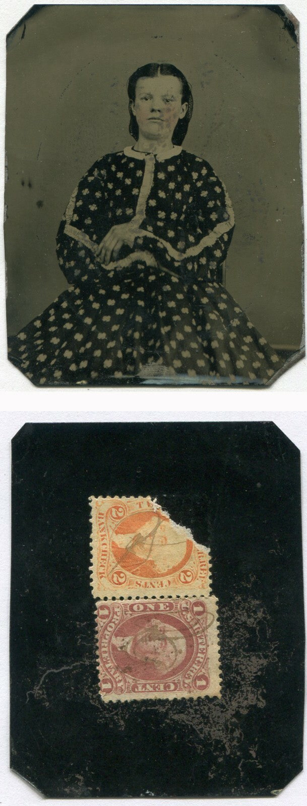 Vintage Civil War Tintype Portrait of Woman in Bold Print Dress, 3.75x2.5 in,