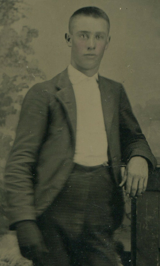 Vintage Tintype Photo - Man with One Gloved Hand, Painted Background, 3.75 x 2.5