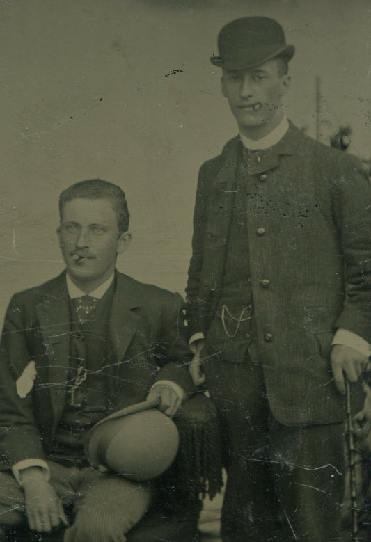 Vintage Tintype Photo: Two Men with Cigars, Bowler Hats & Cane - Classic