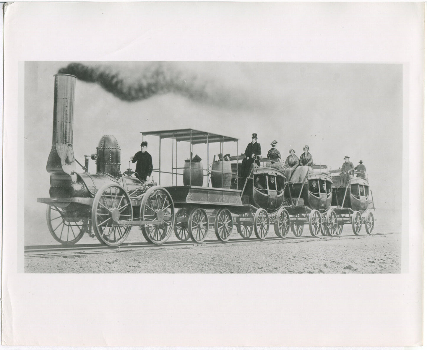 STEAM ENGINE PULLING CARRIAGES. BLACK AND WHITE SILVER PRINT 8 X 10.
