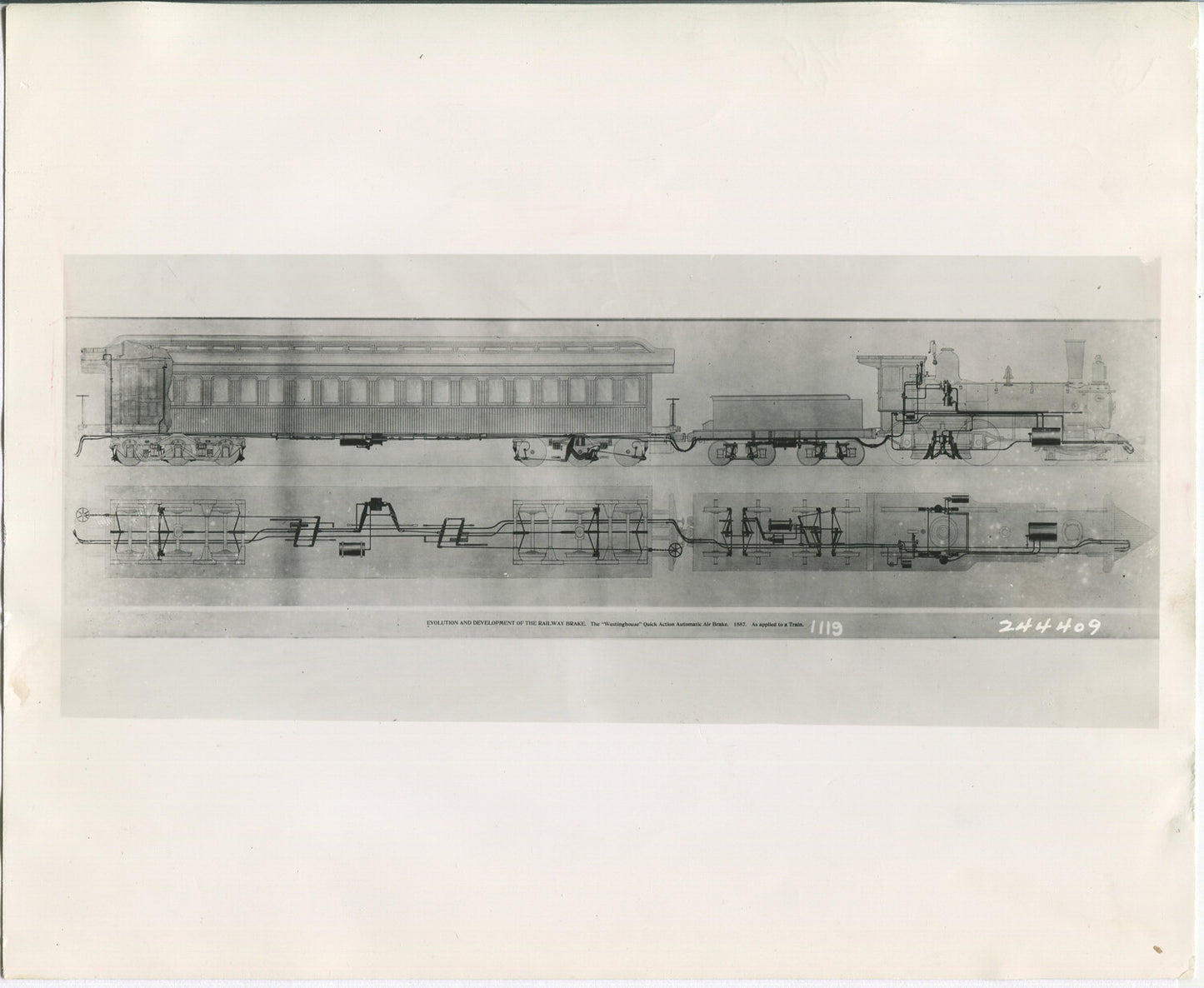 PHOTO OF EARLY TRAIN DRIVE TRAIN. BLACK AND WHITE SILVER PRINT 8 X 10.