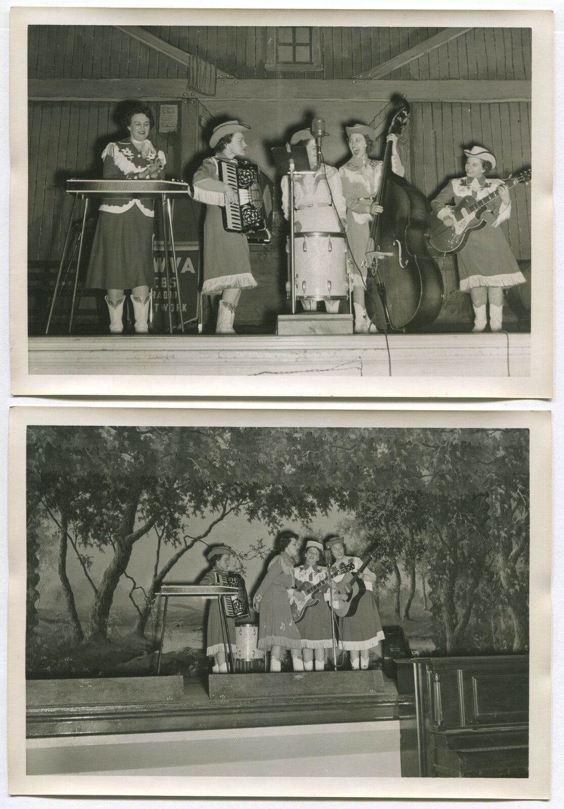 COUNTRY GIRL BAND ON STAGE. 1950s. 5X7 B&W PRINTS. 4 SET.