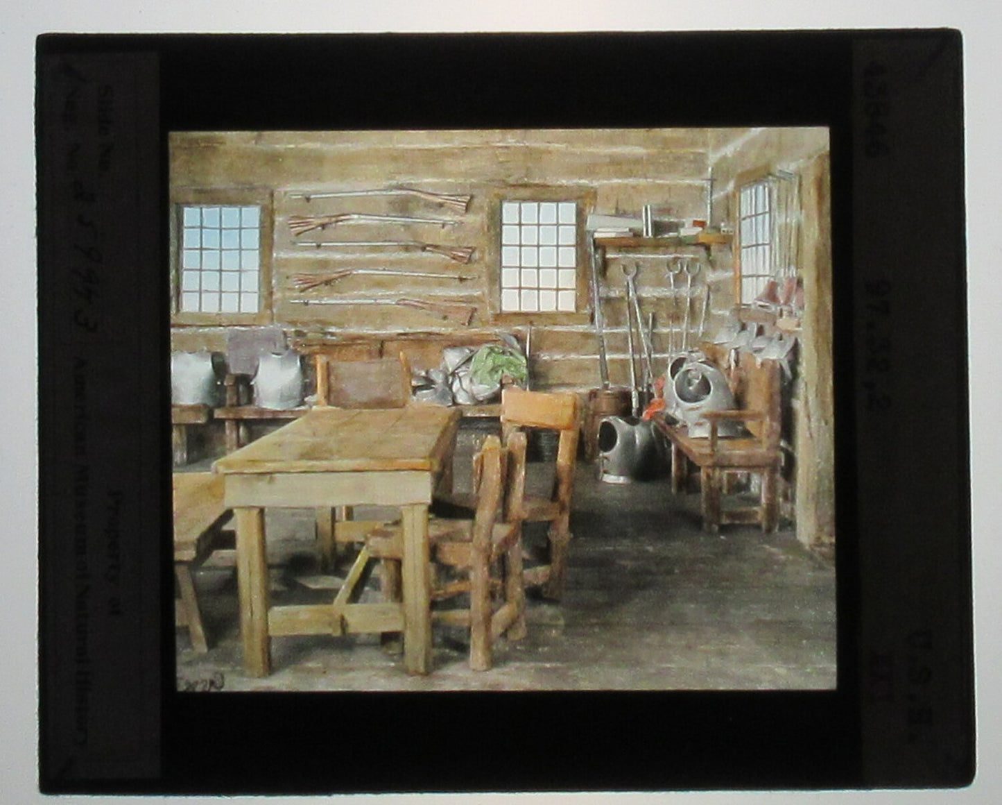 INTERIOR COMMON HOUSE 1620. PLYMOUTH, MASS. HAND COLORED PHOTO ON GLASS.