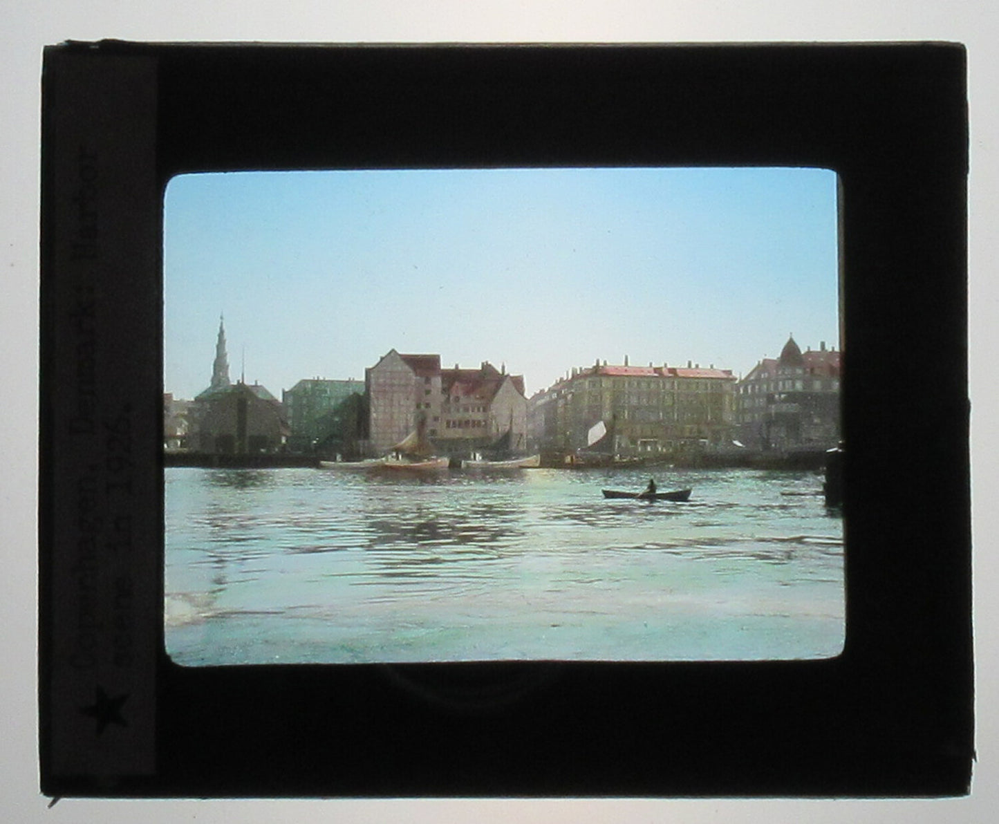 COPENHAGEN, DENMARK. HARBOR SCENE 1926. HAND COLORED PHOTO ON GLASS.