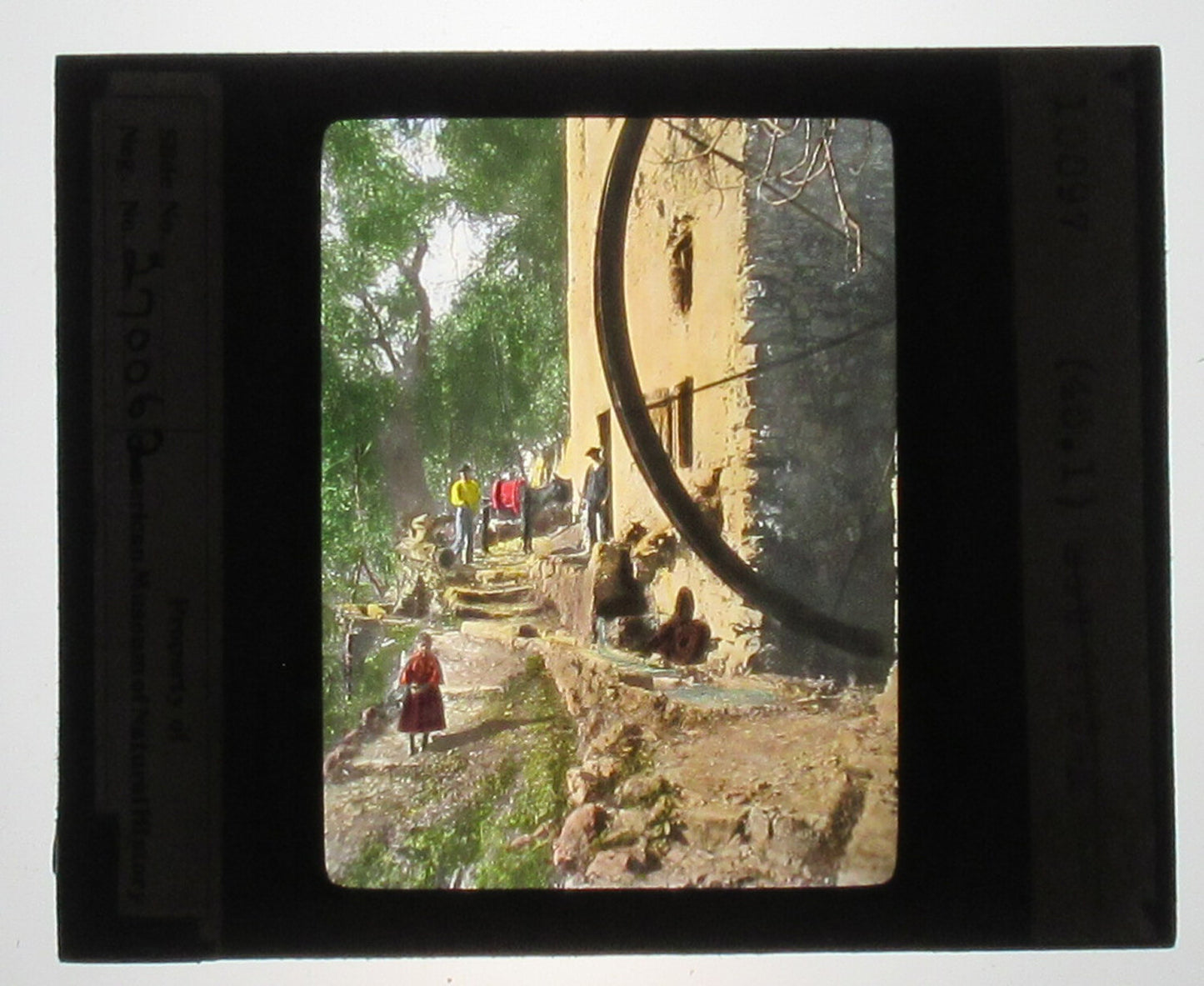 GRIMALDI OLIVE MILL. ITALY. HAND COLORED PHOTO ON GLASS. TINTED LANTERN SLIDE.