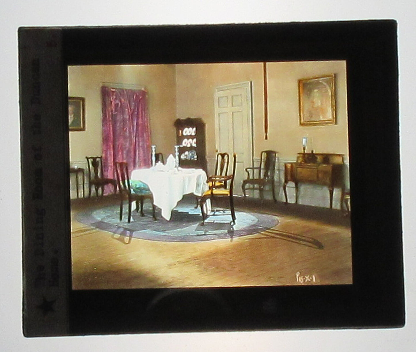 DUNCAN HOME DINING ROOM. HAND COLORED PHOTO ON GLASS. TINTED LANTERN SLIDE.