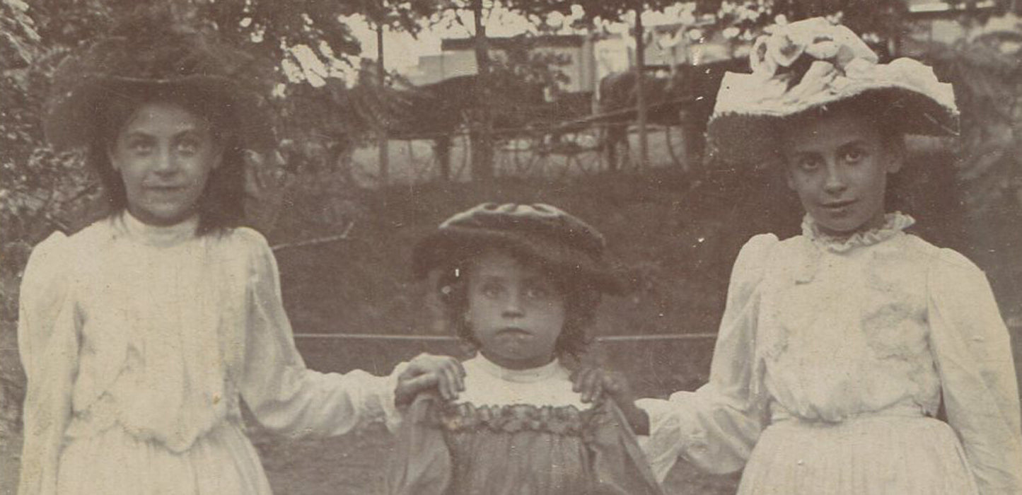 Vintage cabinet card photo: three girls in hats in a park - timeless wall decor