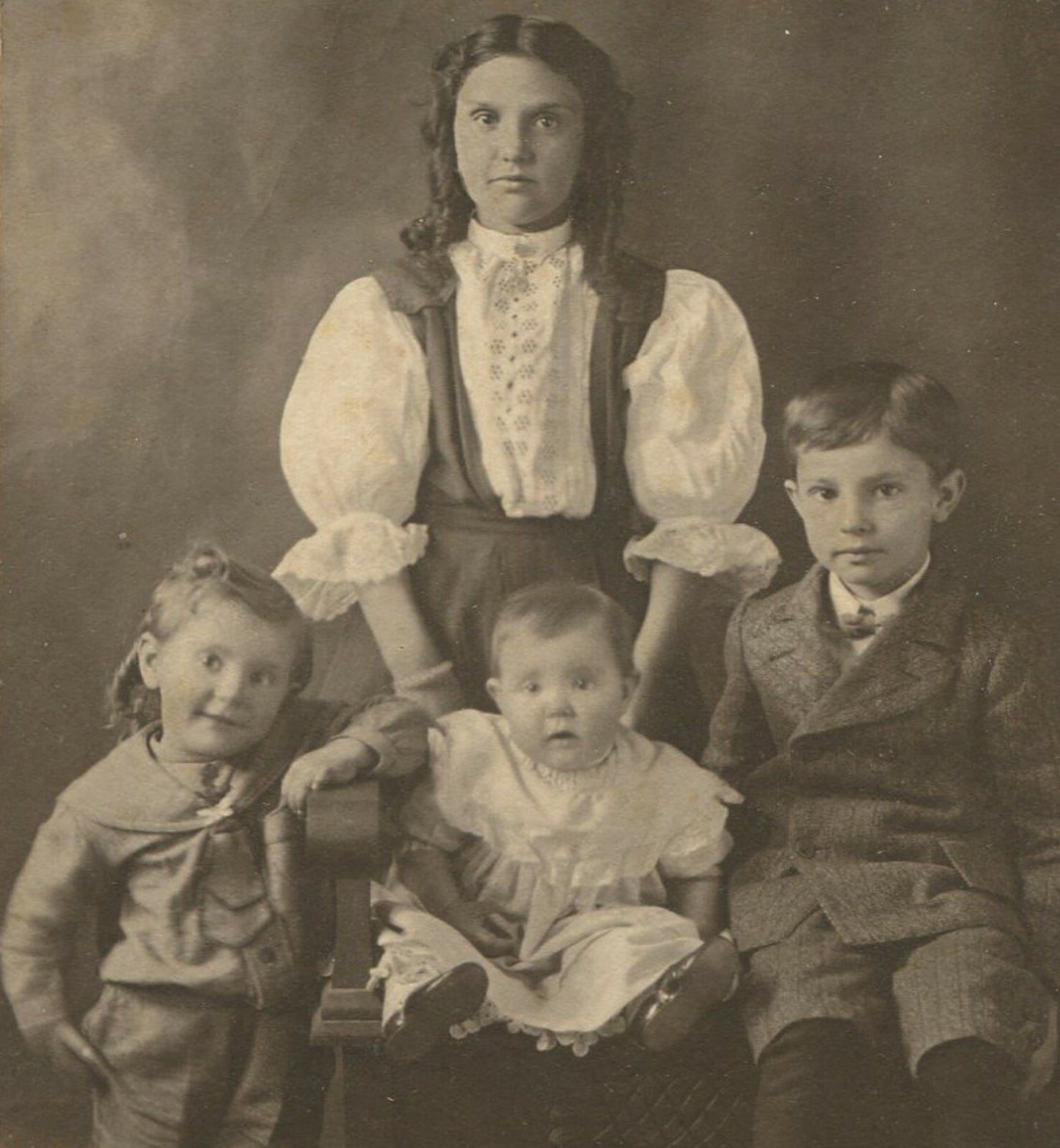 Vintage B&W Photo: Mother with 3 Children, 3.75 x 2.75 Image on 6.25 x 5 Card,