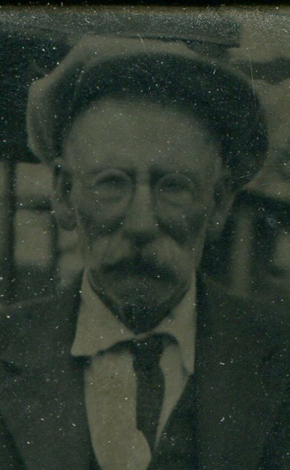 OLDER MAN W/MUSTACHE, HAT. 3.5X2.5 INCH TINTYPE IN HELLO DEARIE PAPER MAT.