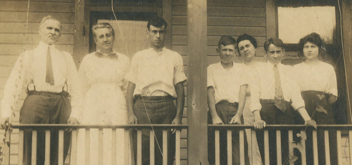 Vintage family porch portrait - 5x7 silver print on 7x9 card, original photo,