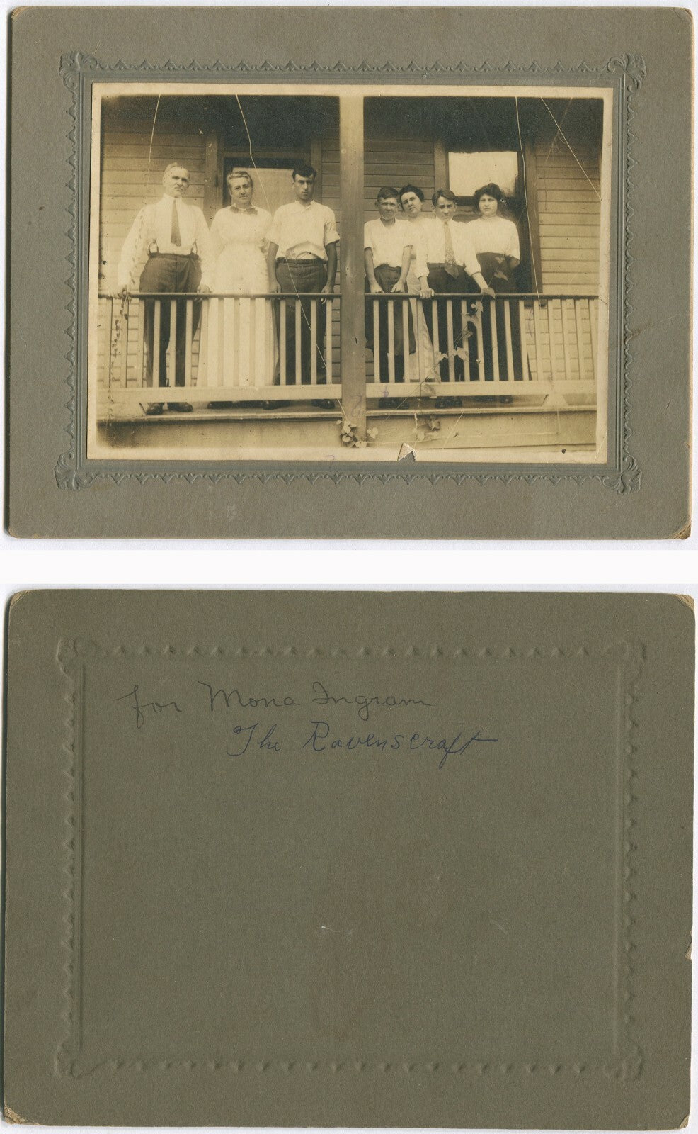 Vintage family porch portrait - 5x7 silver print on 7x9 card, original photo,