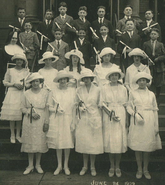 Vintage 1922 Graduation Class Photo on Schoolhouse Stairs -- 6x8 Silver Print on