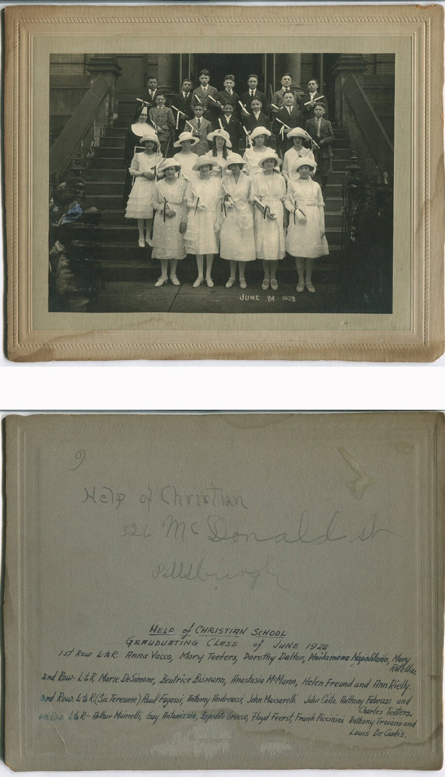 Vintage 1922 Graduation Class Photo on Schoolhouse Stairs -- 6x8 Silver Print on