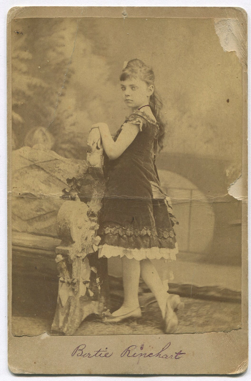 Must-have vintage cabinet card portrait: Bertie Rinehart, girl in pretty dress,
