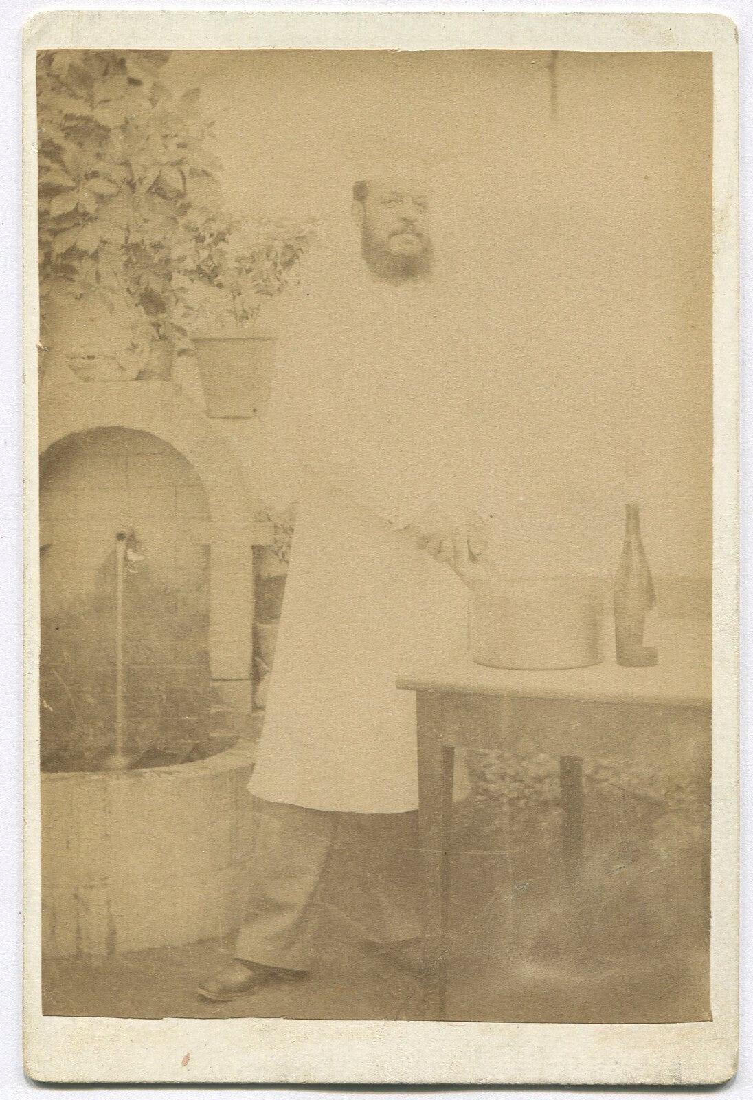 Vintage cabinet card photograph: Chef at table with knife & wine, occupational