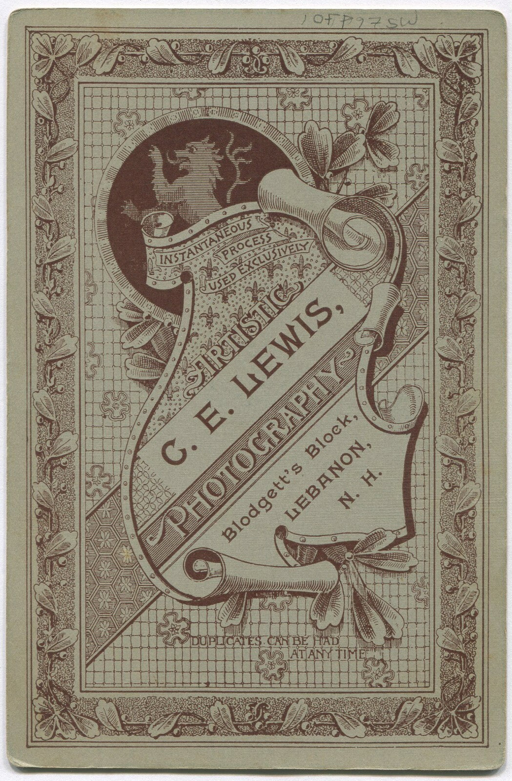 CURLY HAIRED WOMAN, STANDING POSE, ORNATE BACKGROUND. CABINET CARD, LEBANON, N.H