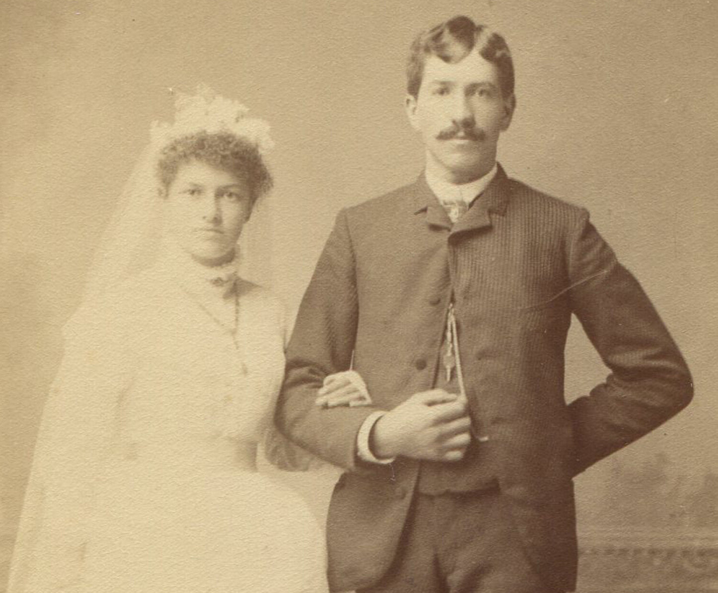 Original vintage cabinet card wedding photo - stunned couple in stiff pose -