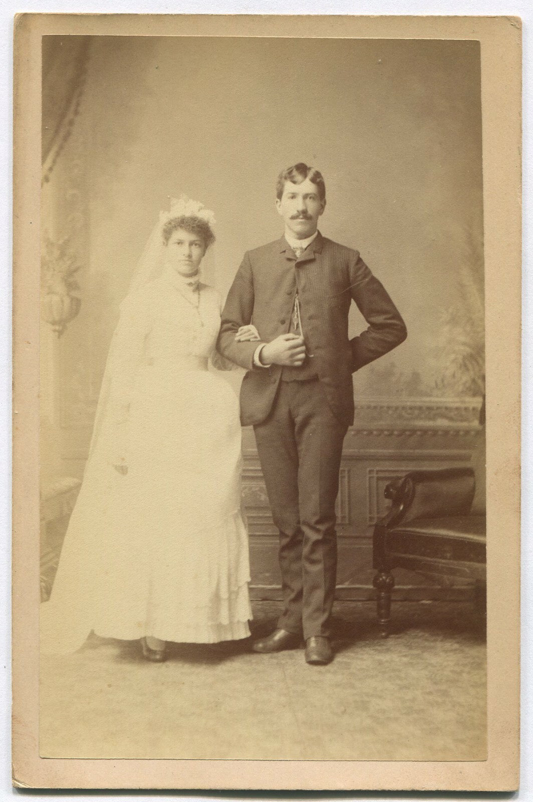 Original vintage cabinet card wedding photo - stunned couple in stiff pose -