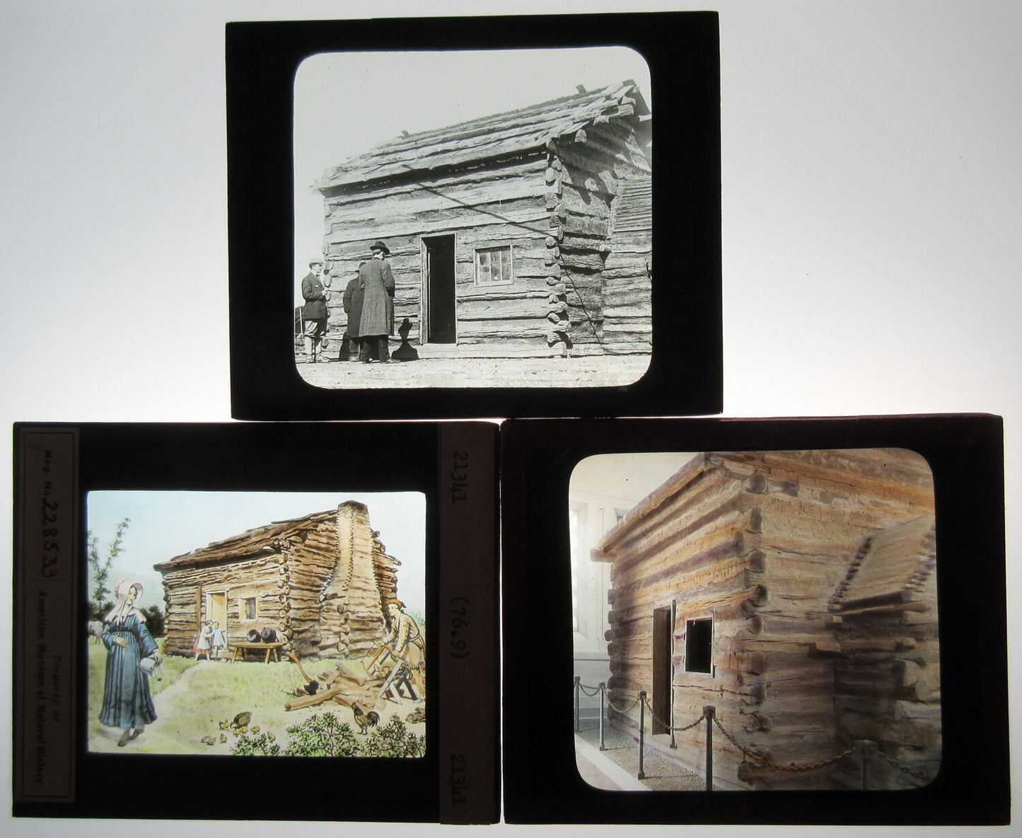 LINCOLN BIRTHPLACE. LOG CABIN. 3 SET. 2 HAND COLORED/1, B&W PHOTO ON GLASS.