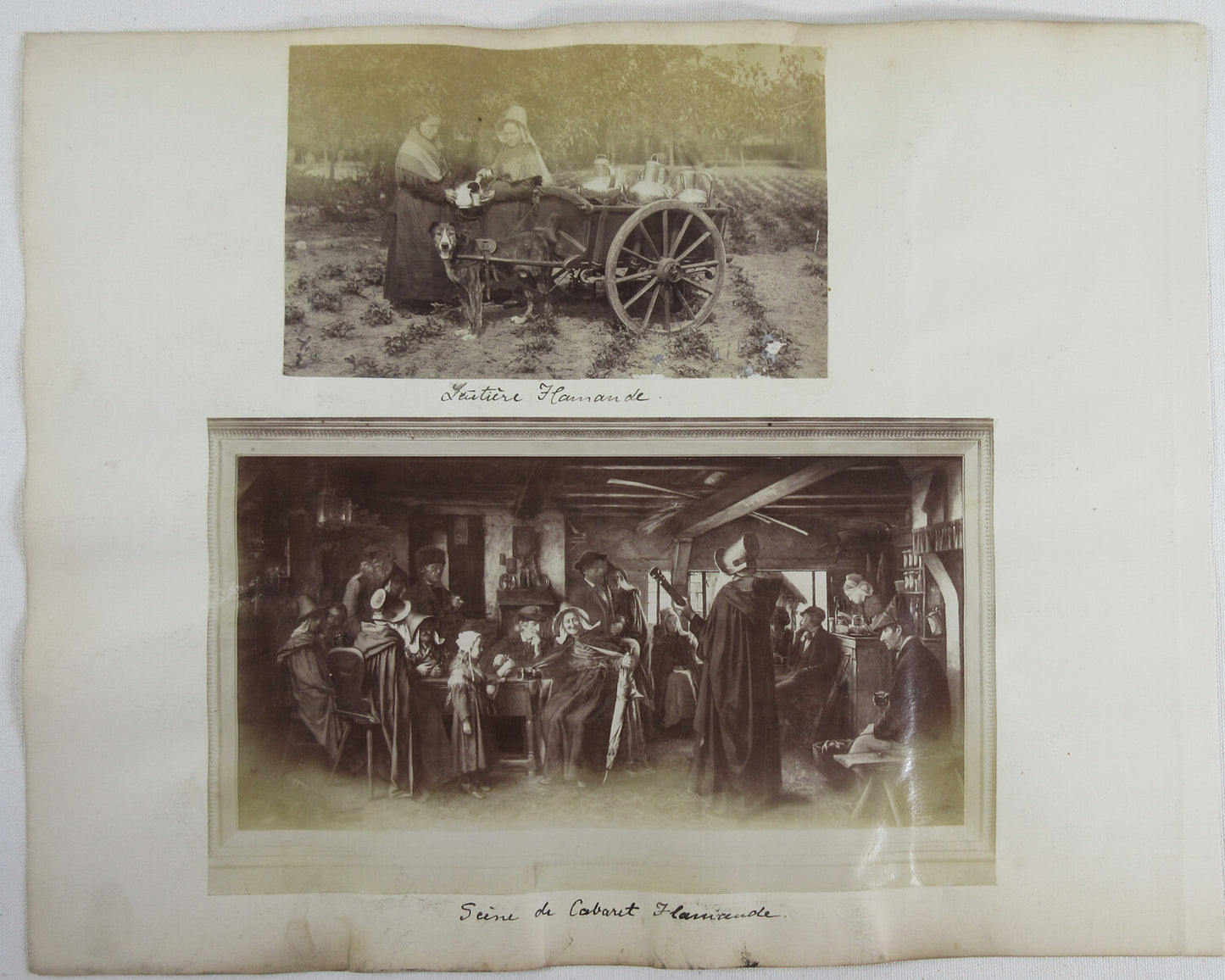 Vintage albumen photograph: Madonna and Child with dog, milk cart in pub scene;