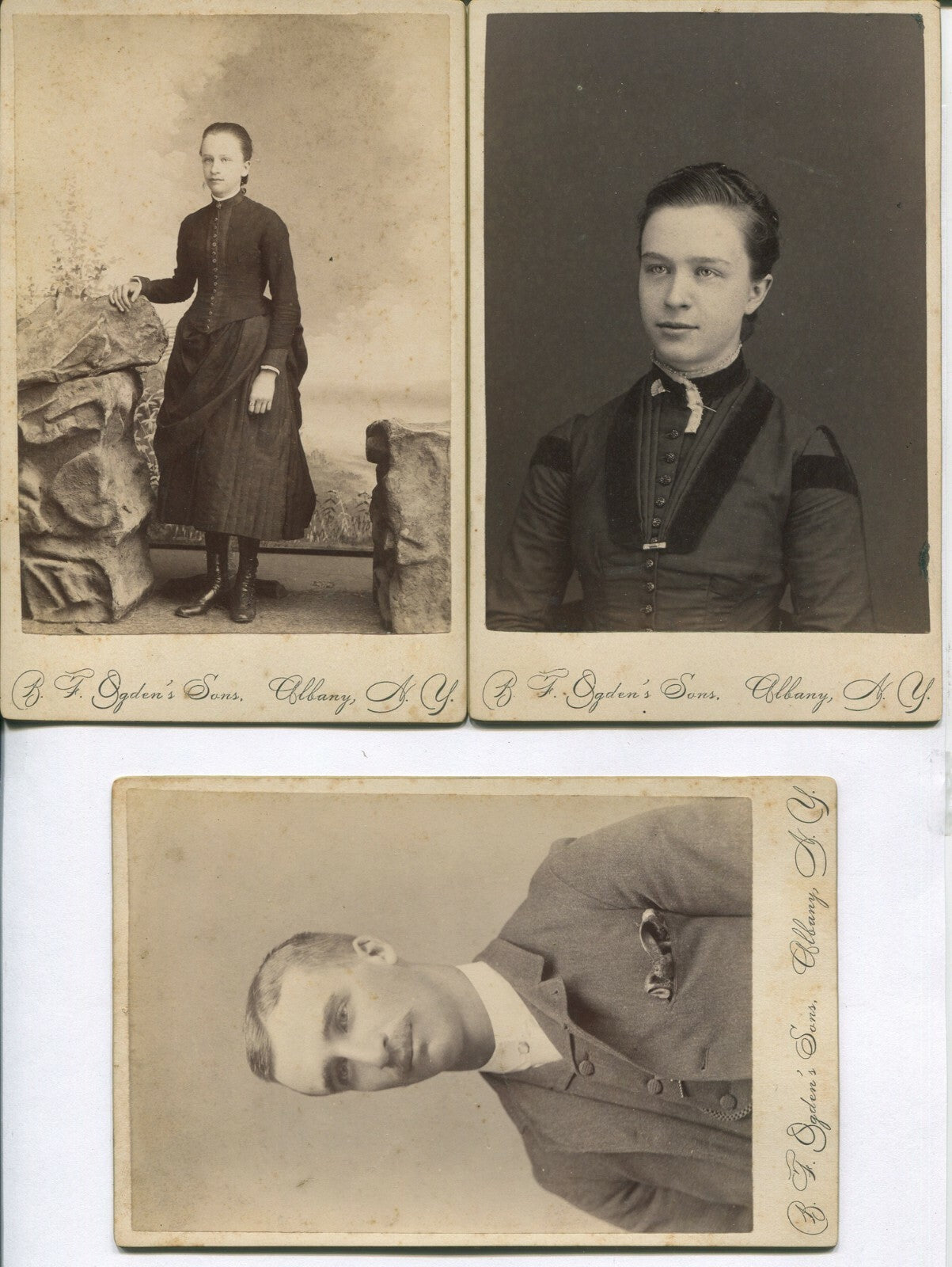 SMARTLY DRESSED ADULT SIBLINGS. CABINET CARD 3 SET. ALBANY, N.Y.