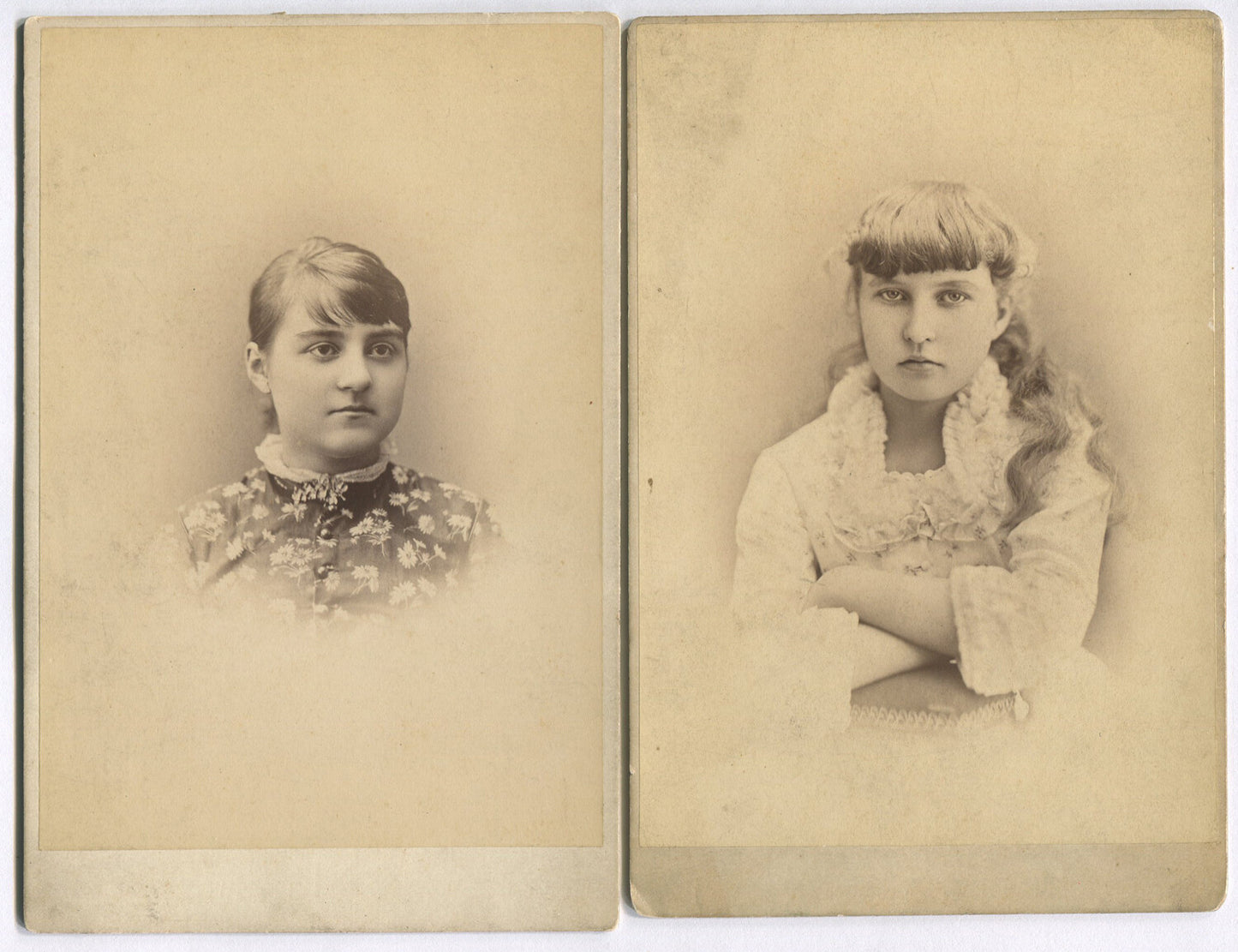 PRETTY EUROPEAN TEENAGE GIRLS. CABINET CARD 2 SET, JAPAN, RARE MAKER MARK BACK.