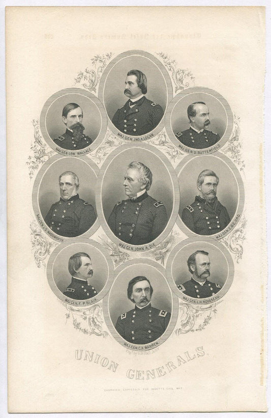 Vintage Union Generals Lithograph 9.5x6 in. Civil War Art Print, Original Lithograph