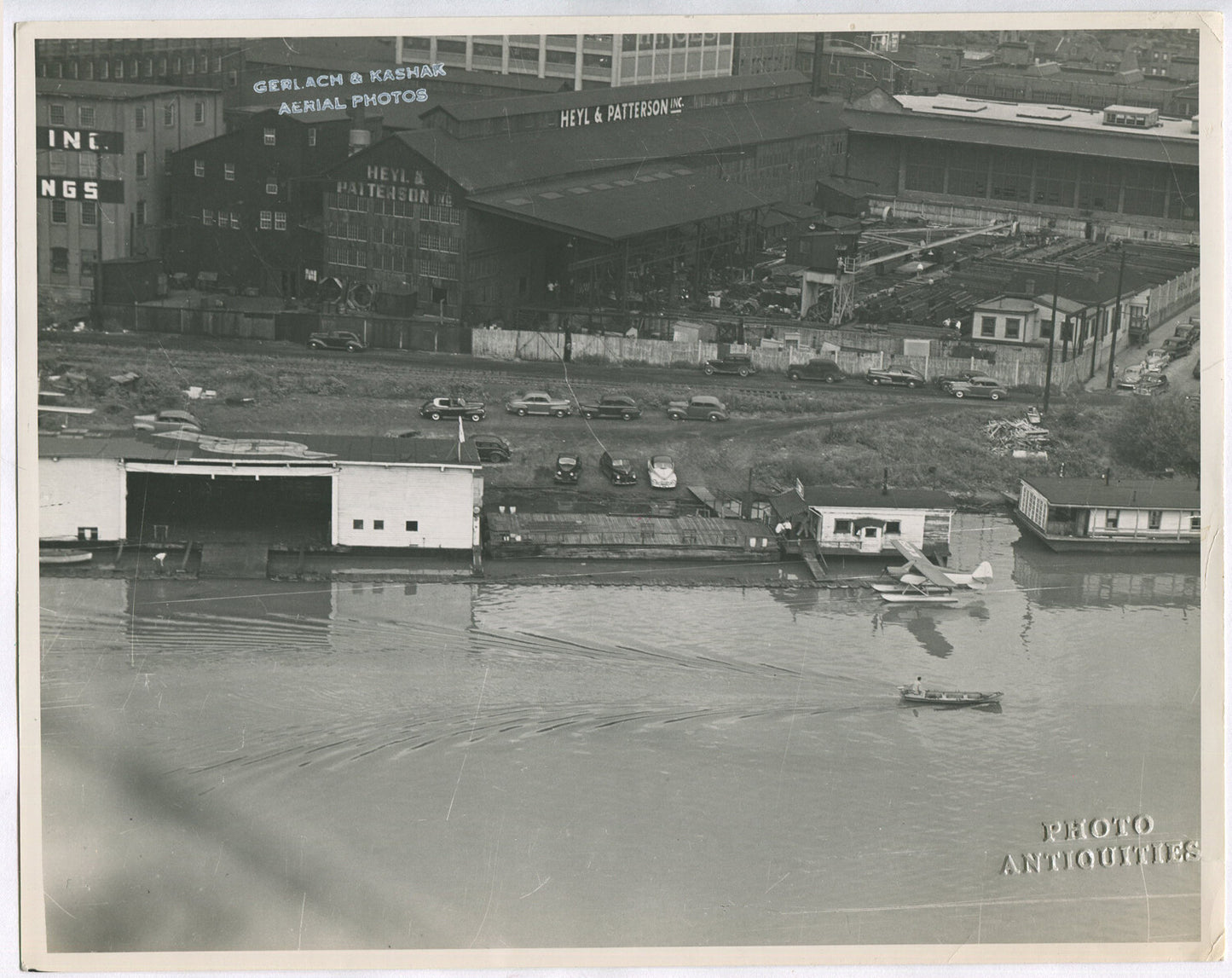 PITTSBURGH RIVERFRONT/SEAPLANES W/HANGER, AERIAL VIEW BY GERLACH & KASAK. 8X10
