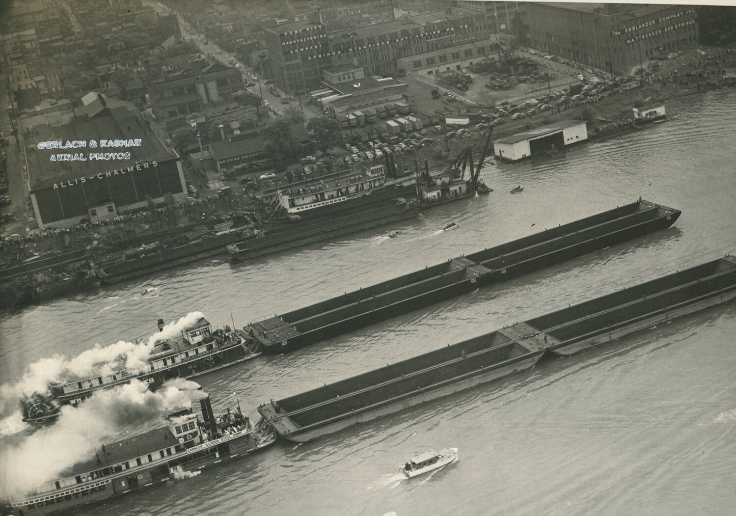 STEAMBOAT RACE PUSHING BARGES, PITTSBURGH, PA. AERIAL VIEW BY GERLACH & KASAK.