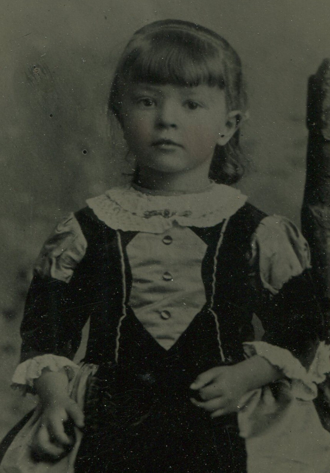 YOUNG GIRL, RUSTIC SETTING. 10X7 IN.TINTED FULL PLATE TINTYPE, PAPER MAT/10X8