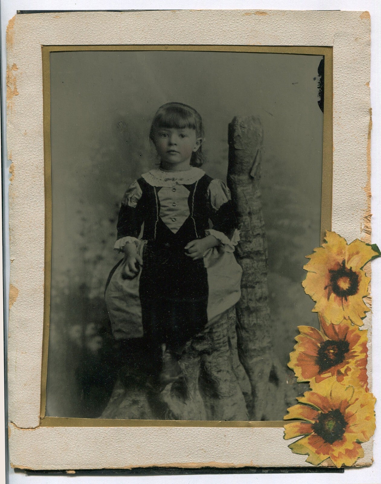 YOUNG GIRL, RUSTIC SETTING. 10X7 IN.TINTED FULL PLATE TINTYPE, PAPER MAT/10X8