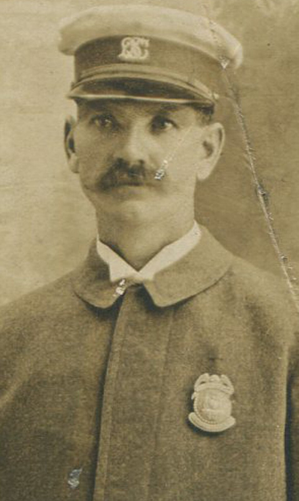 Vintage Cabinet Card Photo: Brooklyn NY Police Officer in Baggy Uniform, Painted