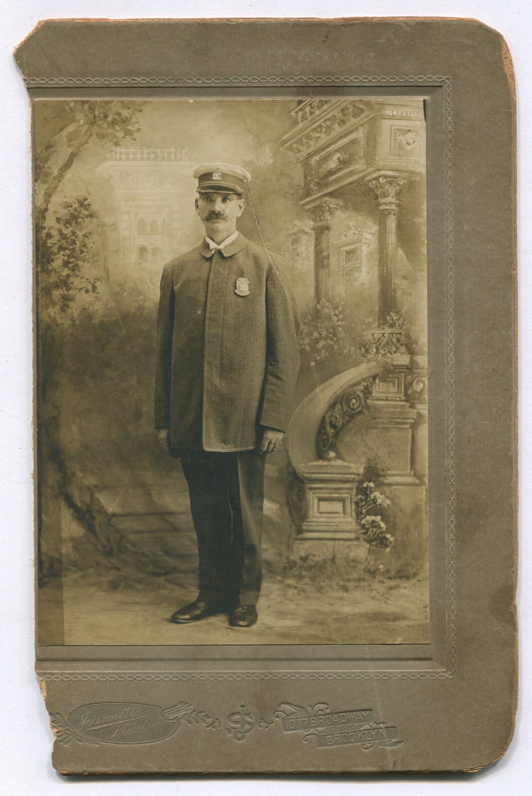 Vintage Cabinet Card Photo: Brooklyn NY Police Officer in Baggy Uniform, Painted