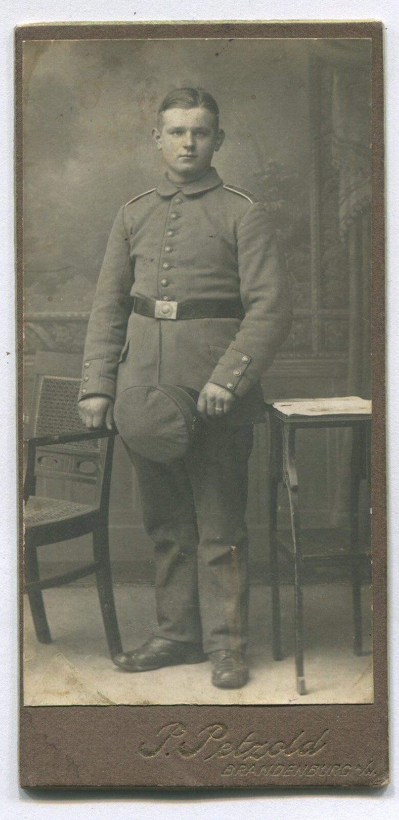 Vintage German Soldier Photo 1900120, WWI Era, 5x2.5 B&W Card Back Maker Mark,