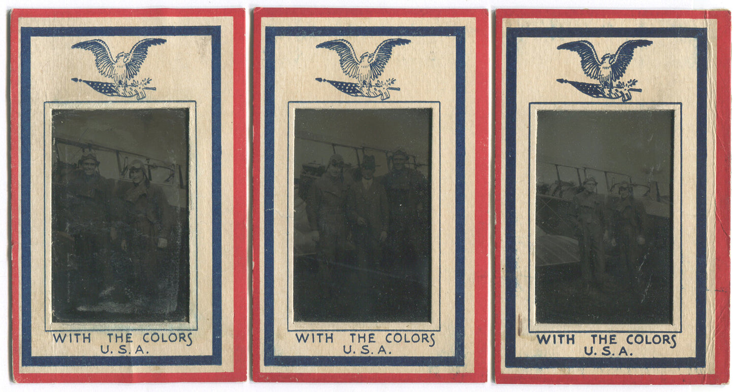 EARLY AVIATION PILOTS POSED W/PLANE. TINTYPES IN PATRIOTIC PAPER MATS. 3 SET.