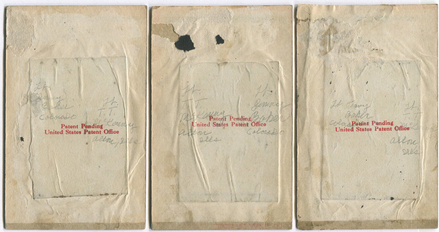 EARLY AVIATION PILOTS POSED W/PLANE. TINTYPES IN PATRIOTIC PAPER MATS. 3 SET.