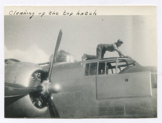 Vintage WWII airplane maintenance photo 3x4 B&W silver print, authentic original
