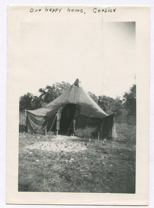 Vintage WWII Military Tent Photo Corsich, France -- 4.5x3.25 B&W Silver Print,