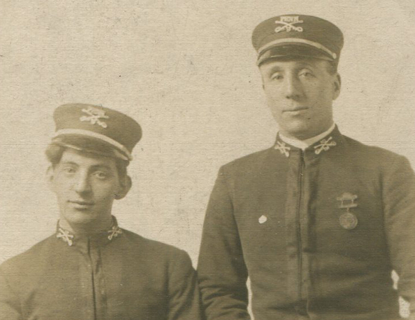 Vintage military postcard - men in uniform with hat insignia, original photo,