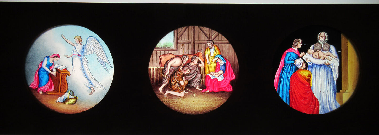 MAGIC LANTERN SLIDE. 3 HAND COLOR RELIGIOUS SCENES ON GLASS IN 3.75X14 IN