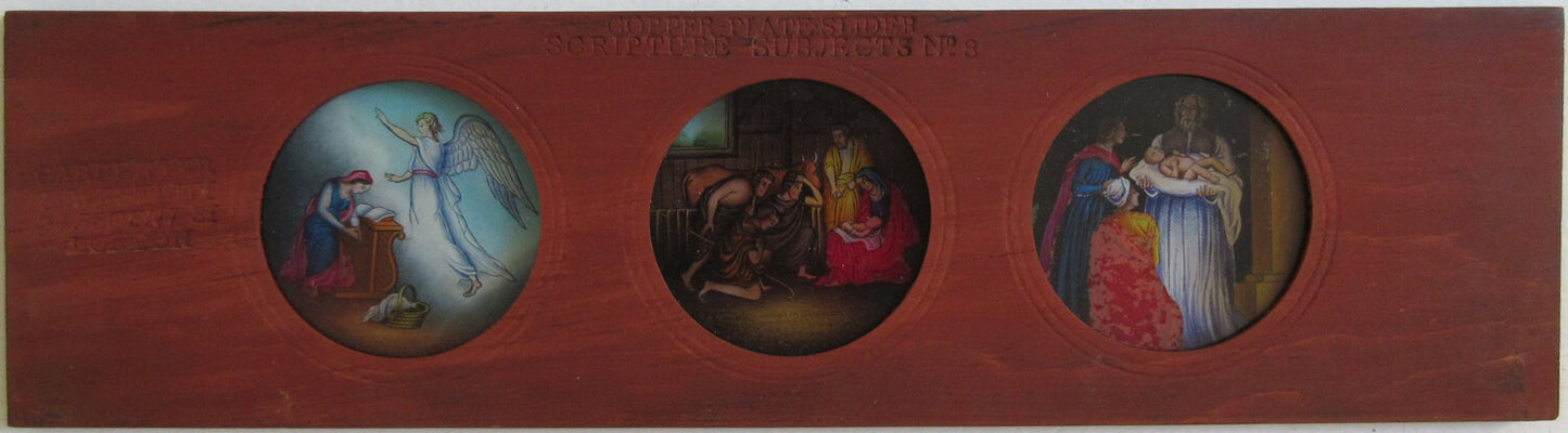 MAGIC LANTERN SLIDE. 3 HAND COLOR RELIGIOUS SCENES ON GLASS IN 3.75X14 IN