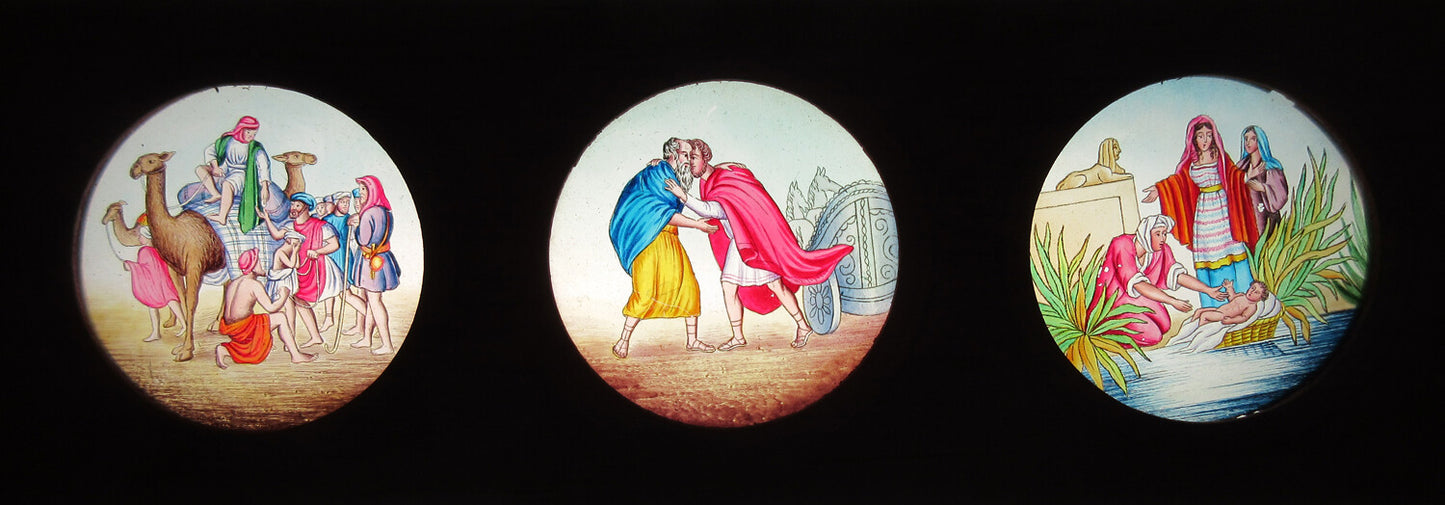MAGIC LANTERN SLIDE.3 HAND COLOR RELIGIOUS SCENES ON GLASS IN 3.75X14 INCH