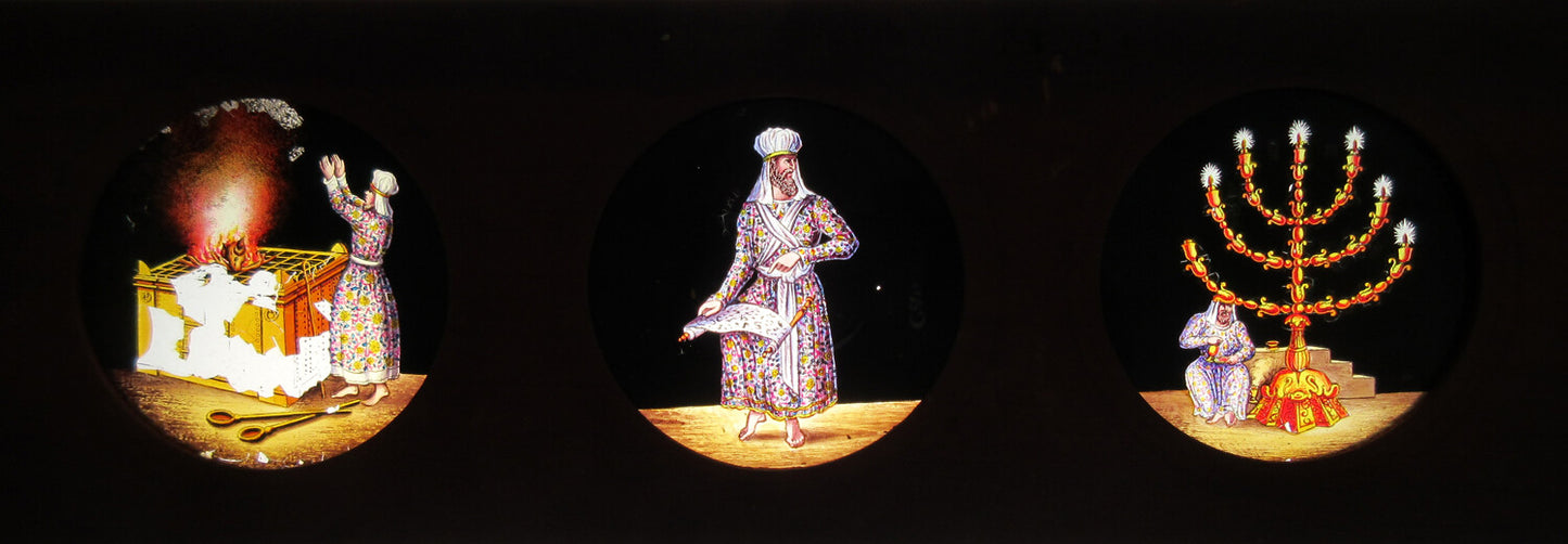 MAGIC LANTERN SLIDE. 3 HAND COLOR RELIGIOUS SCENES ON GLASS IN 3.75X14 INCH