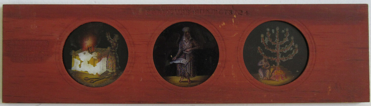 MAGIC LANTERN SLIDE. 3 HAND COLOR RELIGIOUS SCENES ON GLASS IN 3.75X14 INCH
